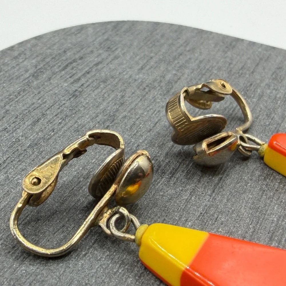 Orange Yellow Striped Drop Earrings Clip On Mod Retro Geometric Dangle 1970s